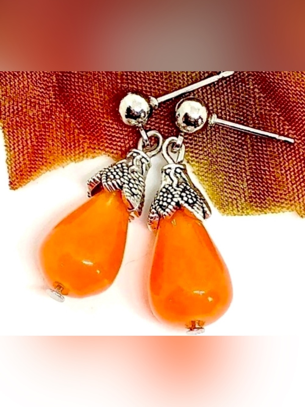 Orange Chalcedony Stone Teardrop Bali Style Post Drop Dangle Fall Color Earrings